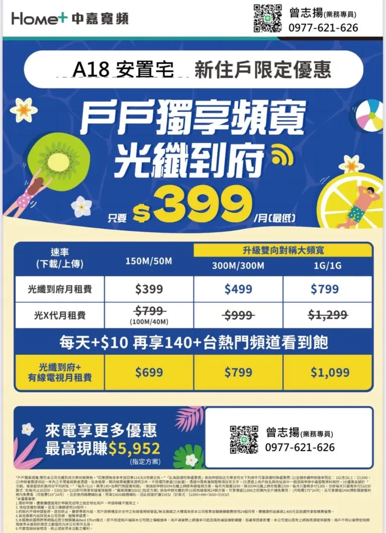 中嘉寬頻｜北健限定網路優惠！桃園光纖網路到府只要$399/月起
